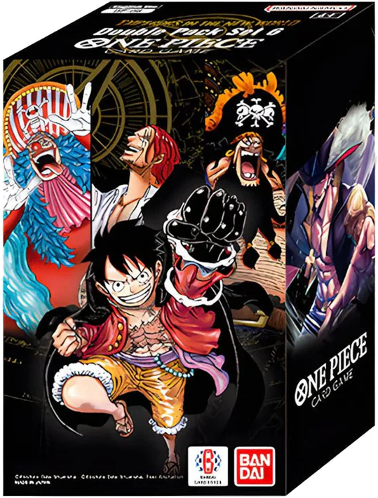 One Piece card game box with character illustrations on a black background