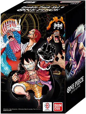 One Piece card game box with character illustrations on a black background