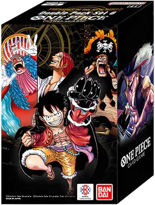 One Piece card game box with character illustrations on a black background