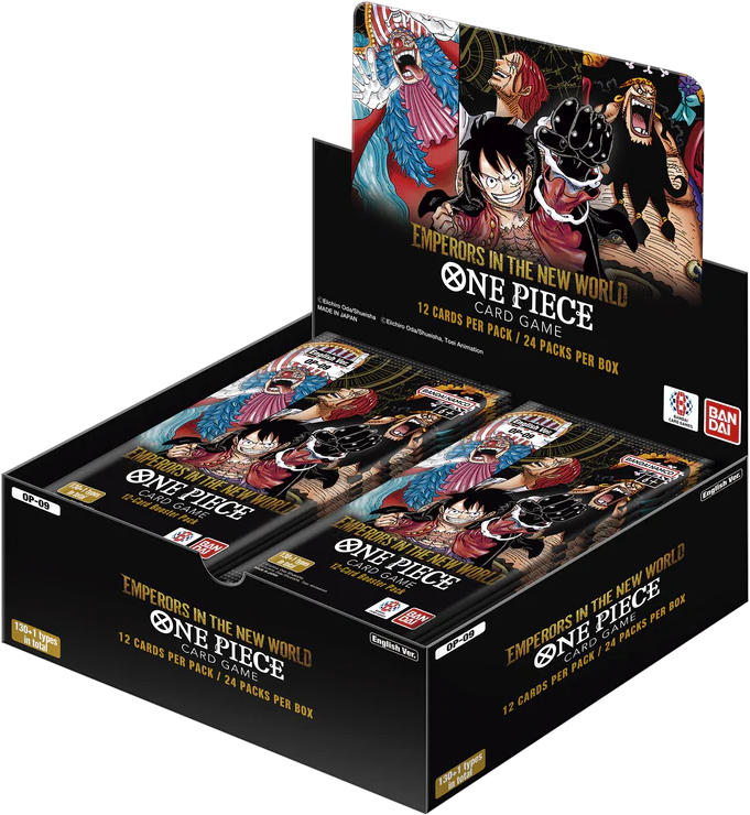 One Piece card game packaging with character images on a white background