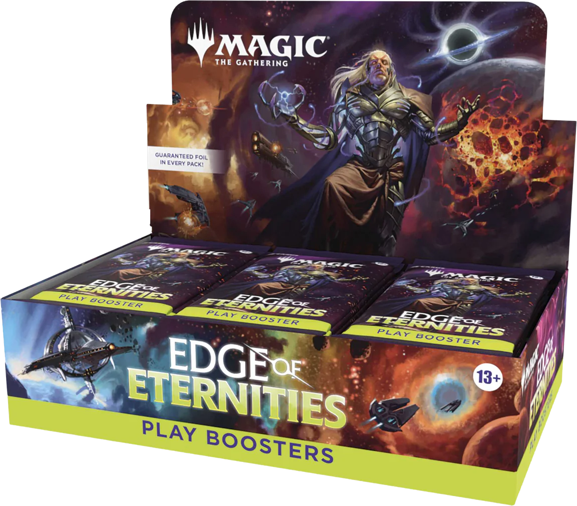 Box of 'Edge of Eternities' play boosters for 'Magic: The Gathering' with character artwork on the packaging.