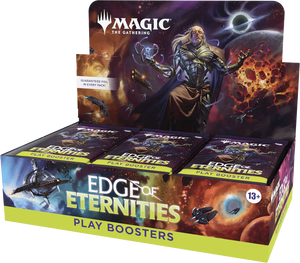 Box of 'Edge of Eternities' play boosters for 'Magic: The Gathering' with character artwork on the packaging.