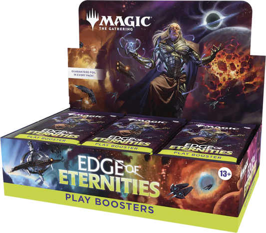 Box of 'Edge of Eternities' play boosters for 'Magic: The Gathering' with character artwork on the packaging.