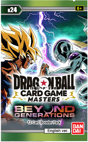 Dragon Ball Super Card Game Masters Beyond Generations booster pack with characters and lightning effect.