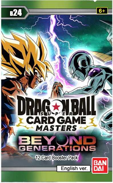 Dragon Ball Super Card Game Masters Beyond Generations booster pack with characters and lightning effect.