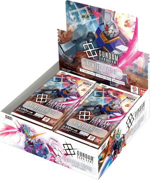 Gundam card game packaging with character illustrations on a white background