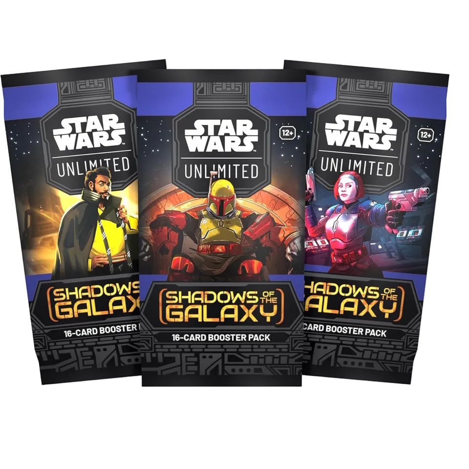 Three booster packs from the Star Wars: Shadows of the Galaxy set, featuring character artwork and the Star Wars logo.