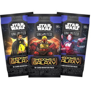 Three booster packs from the Star Wars: Shadows of the Galaxy set, featuring character artwork and the Star Wars logo.