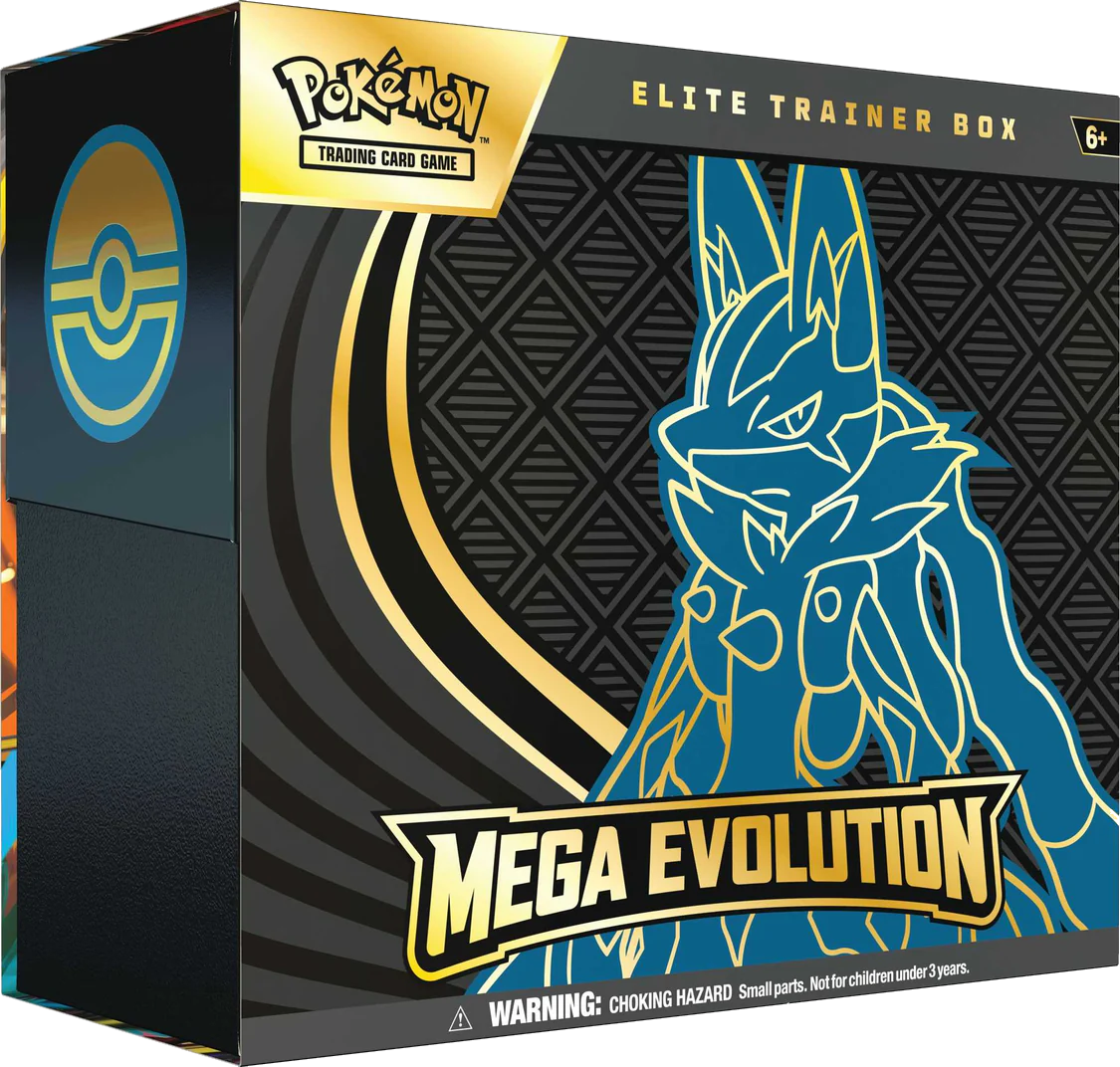 Pokémon Trading Card Game Elite Trainer Box Mega Evolution packaging with Pokémon logo.