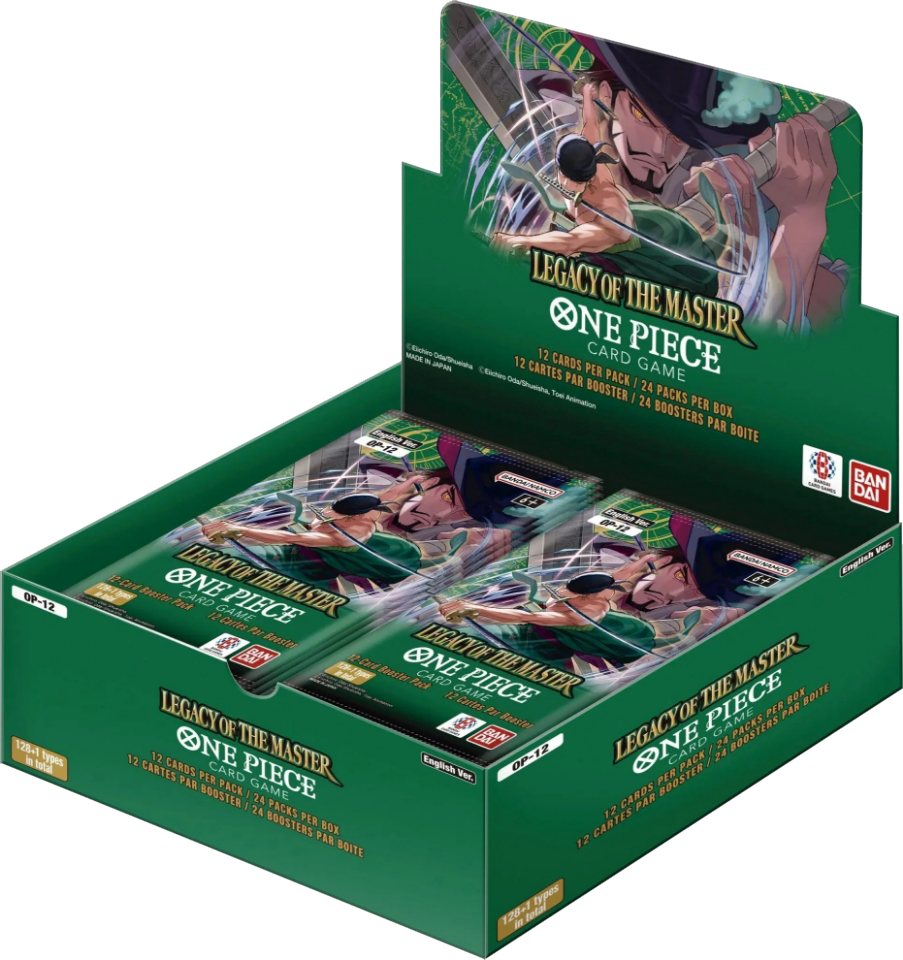 Box of 'One Piece' Legacy of the Master card game with green and black design.