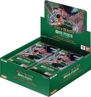 Box of 'One Piece' Legacy of the Master card game with green and black design.