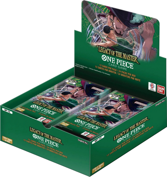 Box of 'One Piece' Legacy of the Master card game with green and black design.
