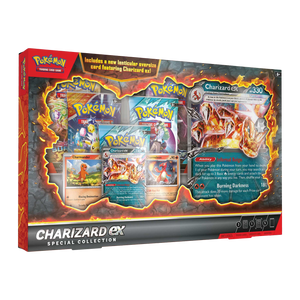 Pokémon Charizard ex Special Collection packaging with cards and Charizard ex figure