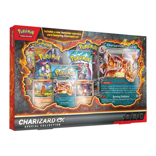 Pokémon Charizard ex Special Collection packaging with cards and Charizard ex figure