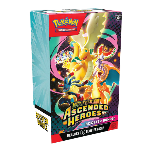 Pokémon Mega Evolution Ascended Heroes booster bundle packaging on a white background