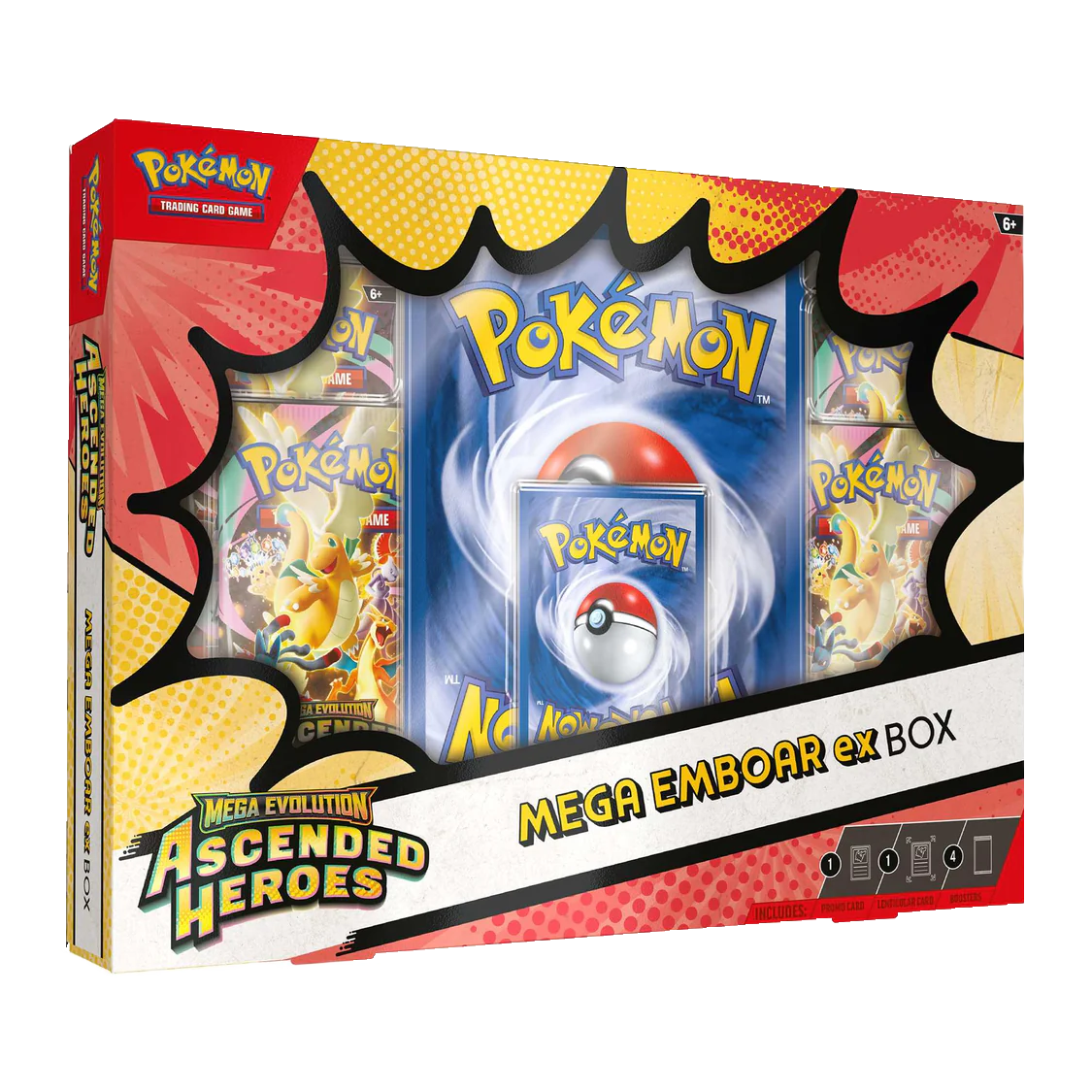 Pokémon trading card game box featuring Mega Evolution Ascended Heroes and Mega Emboar ex