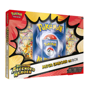 Pokémon trading card game box featuring Mega Evolution Ascended Heroes and Mega Emboar ex