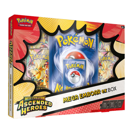 Pokémon trading card game box featuring Mega Evolution Ascended Heroes and Mega Emboar ex