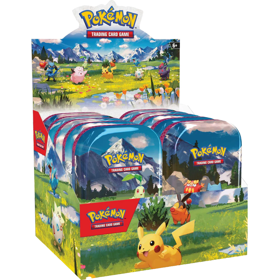 Pokémon trading card game packaging with Pikachu and other characters on a grassy field background.