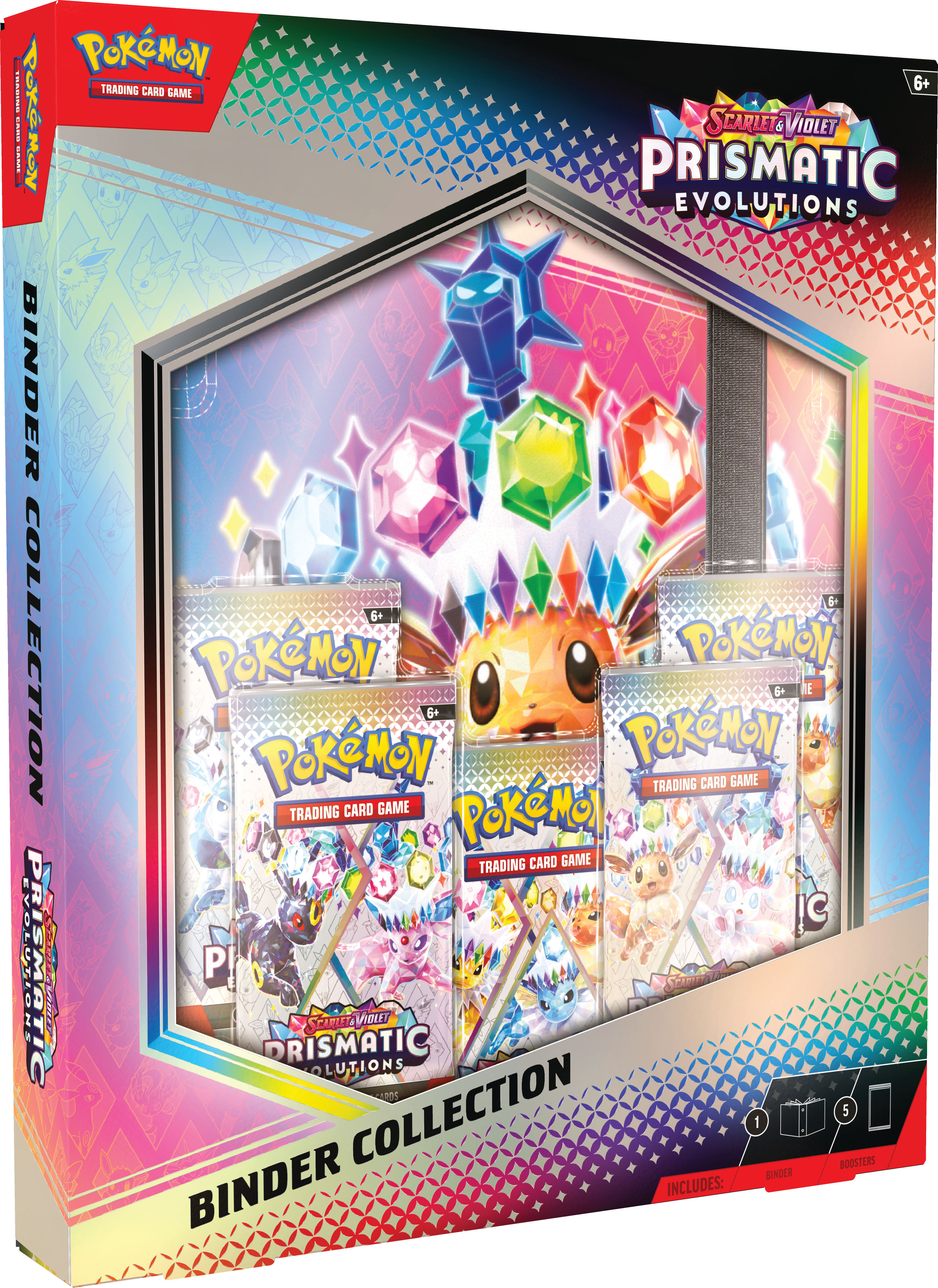 Packaging for Pokémon Scarlet & Violet: Prismatic Evolution Binder Collection with a display of colorful Pokémon cards and a binder.