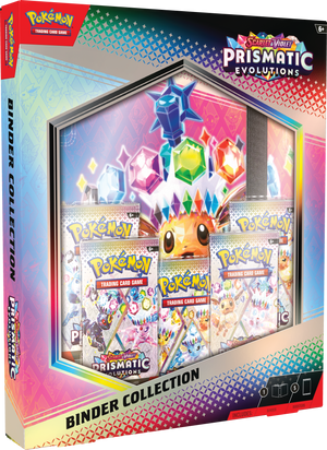 Packaging for Pokémon Scarlet & Violet: Prismatic Evolution Binder Collection with a display of colorful Pokémon cards and a binder.