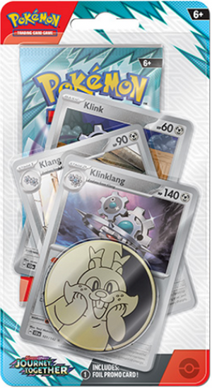 A pack of Pokémon Scarlet & Violet: Journey Together Premium Checkline trading cards, featuring a booster pack, three promo cards, a Pokémon coin, and a code card.