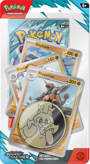 A pack of Pokémon Scarlet & Violet: Journey Together trading cards, featuring images of Pokémon characters and a collectible coin.