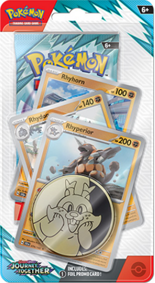 A pack of Pokémon Scarlet & Violet: Journey Together trading cards, featuring images of Pokémon characters and a collectible coin.